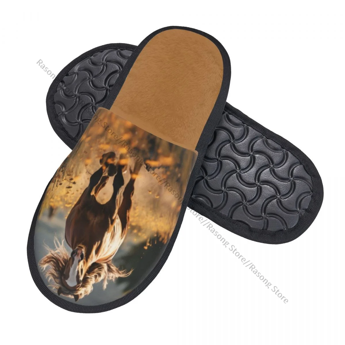 Winter Women Men Non-Slip Flat Slippers Horse Running On The Field At Sunset Indoor Fur Soft Warm Shoes