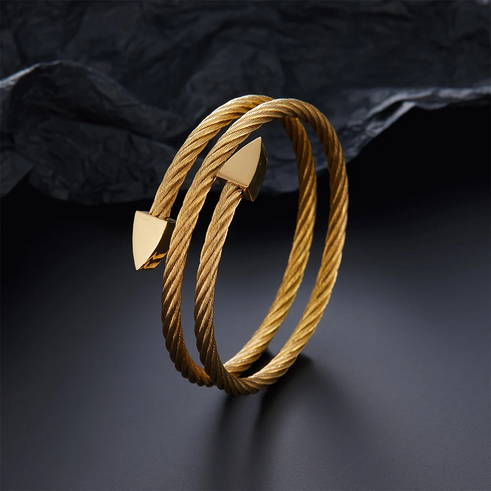 316L Stainless Steel 18K Gold Plated Double Twisted Wire Open Cuff Bangle Pyramid Tip Bracelet Minimal Fashion Jewelry For Women