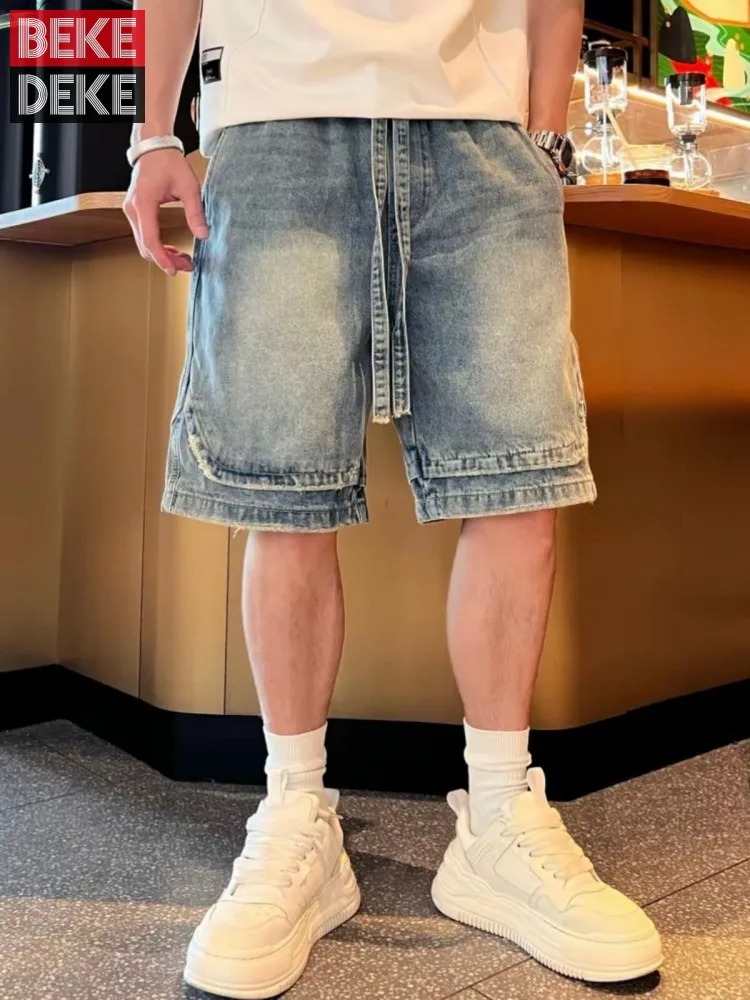 Summer American Style Men Cargo Shorts Drawstring Knee Length Straight Trousers High Street Loose Fit Casual Mens Vintage Shorts