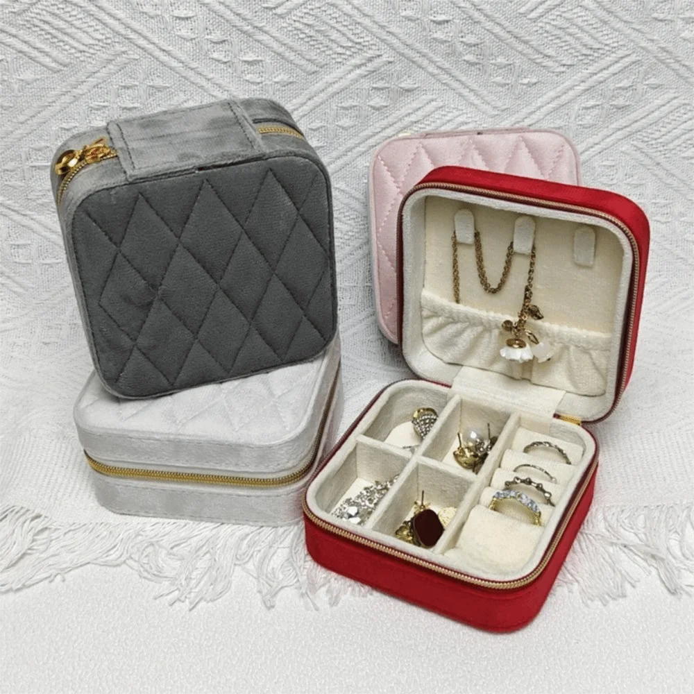 

Rhombus Pattern Portable Velvet Jewelry Box Zipper Closure Velvet Jewelry Storage Case Jewelry Organizer Jewelry Storage