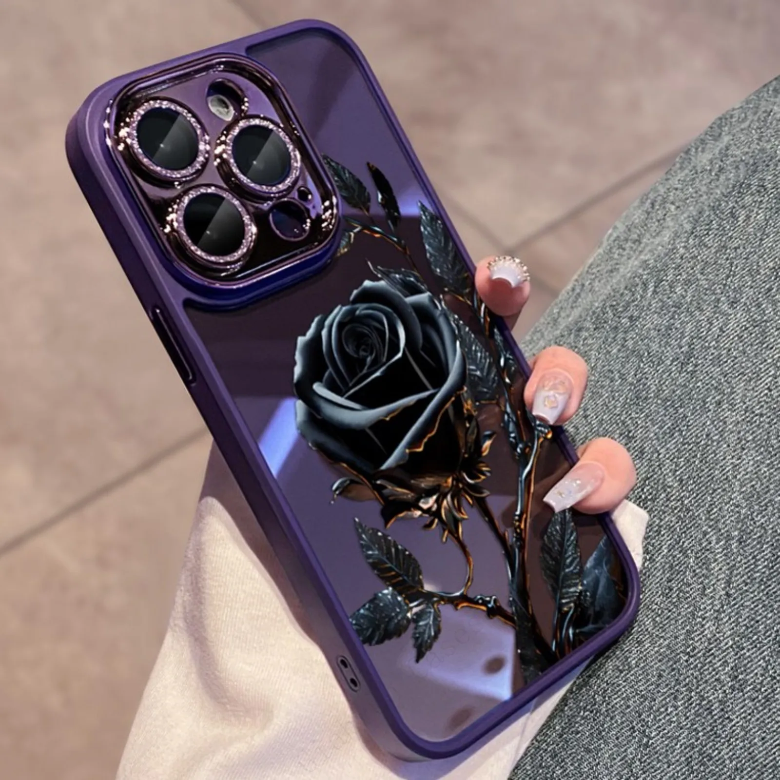 No yellowing Bling Goth Flower Diamond lens Protect Phone Case For iPhone 15 14 13 12 11 Pro Max Plus Fall dirt resistant