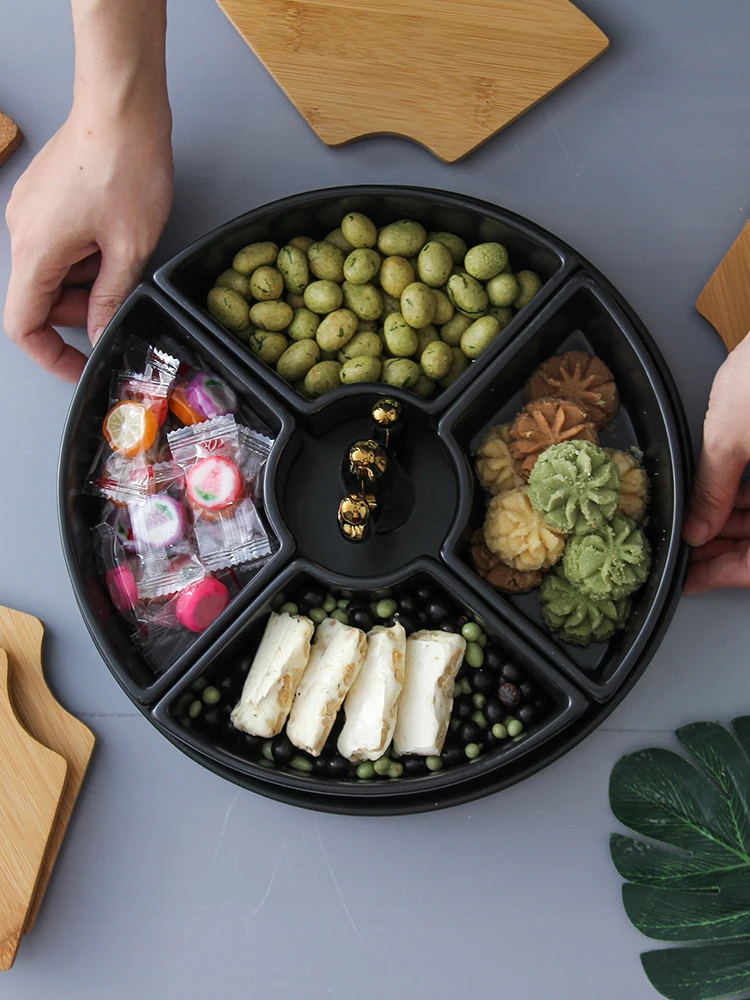 Four-Grid Dried Fruit Tray Fruit Plate with Lid Creative Modern Living Room Ceramics Candy Box Snack Box