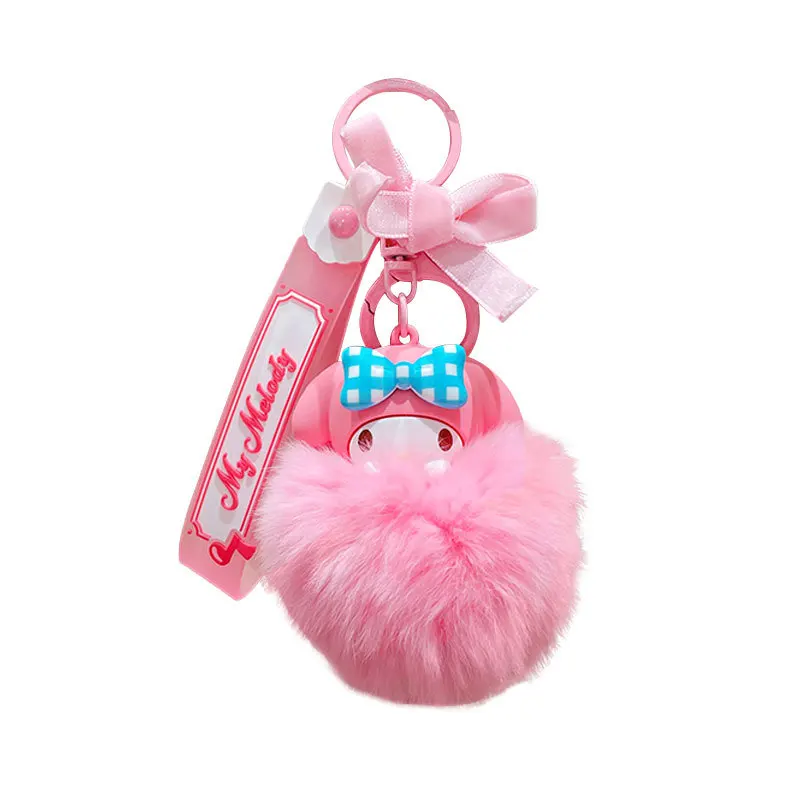 Miniso Sanrio Hello Kitty Car Fur Ball Keychain Cartoon Melody Kuromi Big Eared Dog Pudding Dog Ladies Car Pendant Keychain