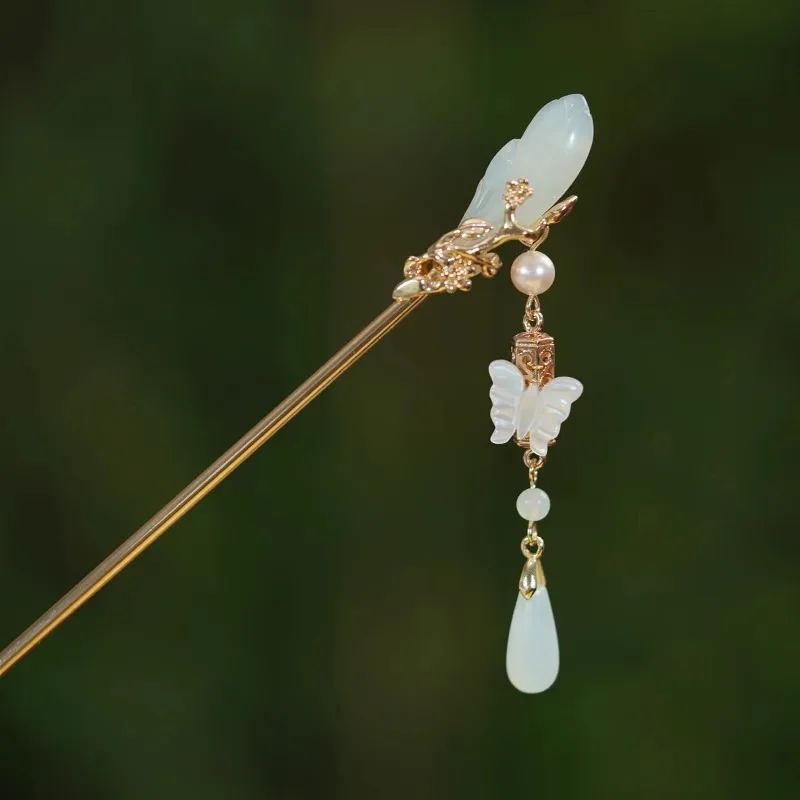 Chinese Retro Orchid Imitation Jade Hairpin Delicate Handmade Tassel Hair Stick For Women Hanfu Cheongsam Cute Hair Accessories