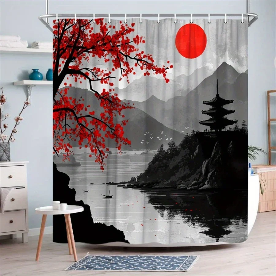 

1pc Vibrant Japanese Landscape Shower Curtain - Red Cherry Blossom Tree, Pagoda & Sunset Design, Polyester Fabric, Machine Washa
