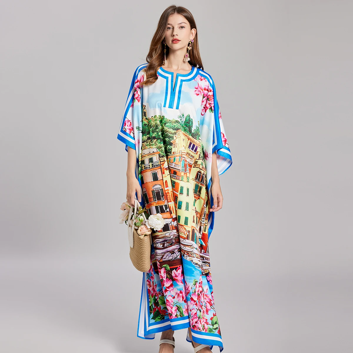 New Summer Holiday House Flower Long Dress Oversize Loose Bohemian Women\'s O-Neck Batwing Sleeve Split Holiday Maxi Robe Female