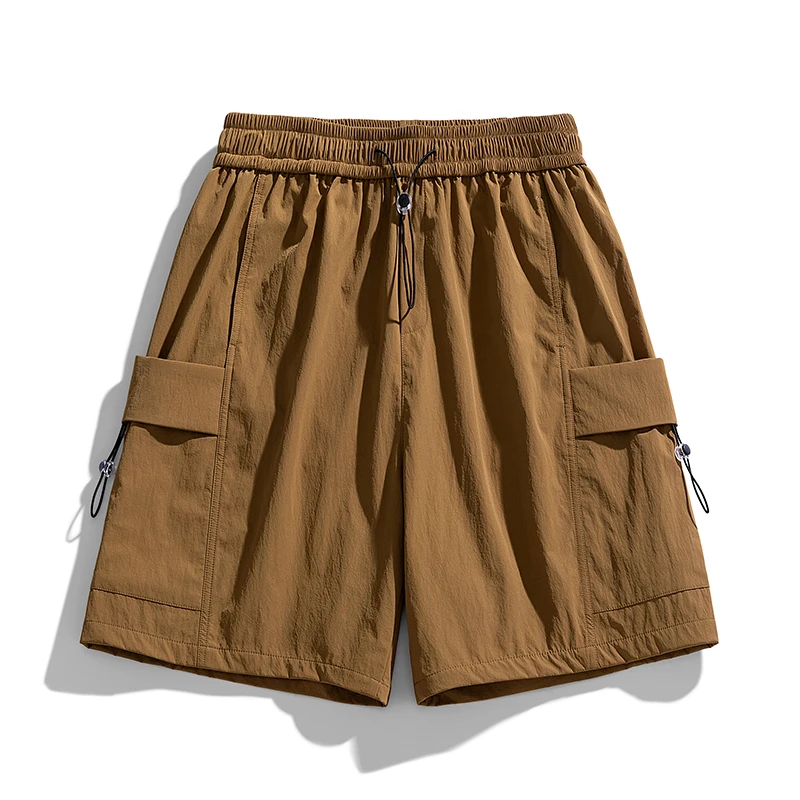 Men's Summer Solid Elastic High Waisted Pockets Workwear Bandage Casual Trousers Loose Fashion England Style Shorts Pants