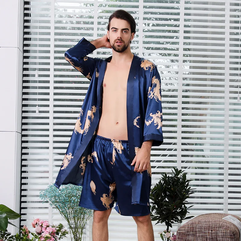 Albornoz Kimono de talla grande para hombre y mujer, ropa de dormir de satén con estampado, camisón, 2 piezas, para estar en casa