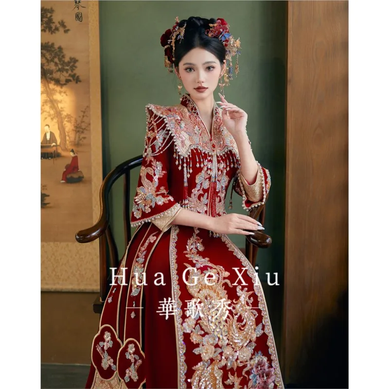 New Chinese-style bride's heavy-duty wedding dress and gown large-sized toasting