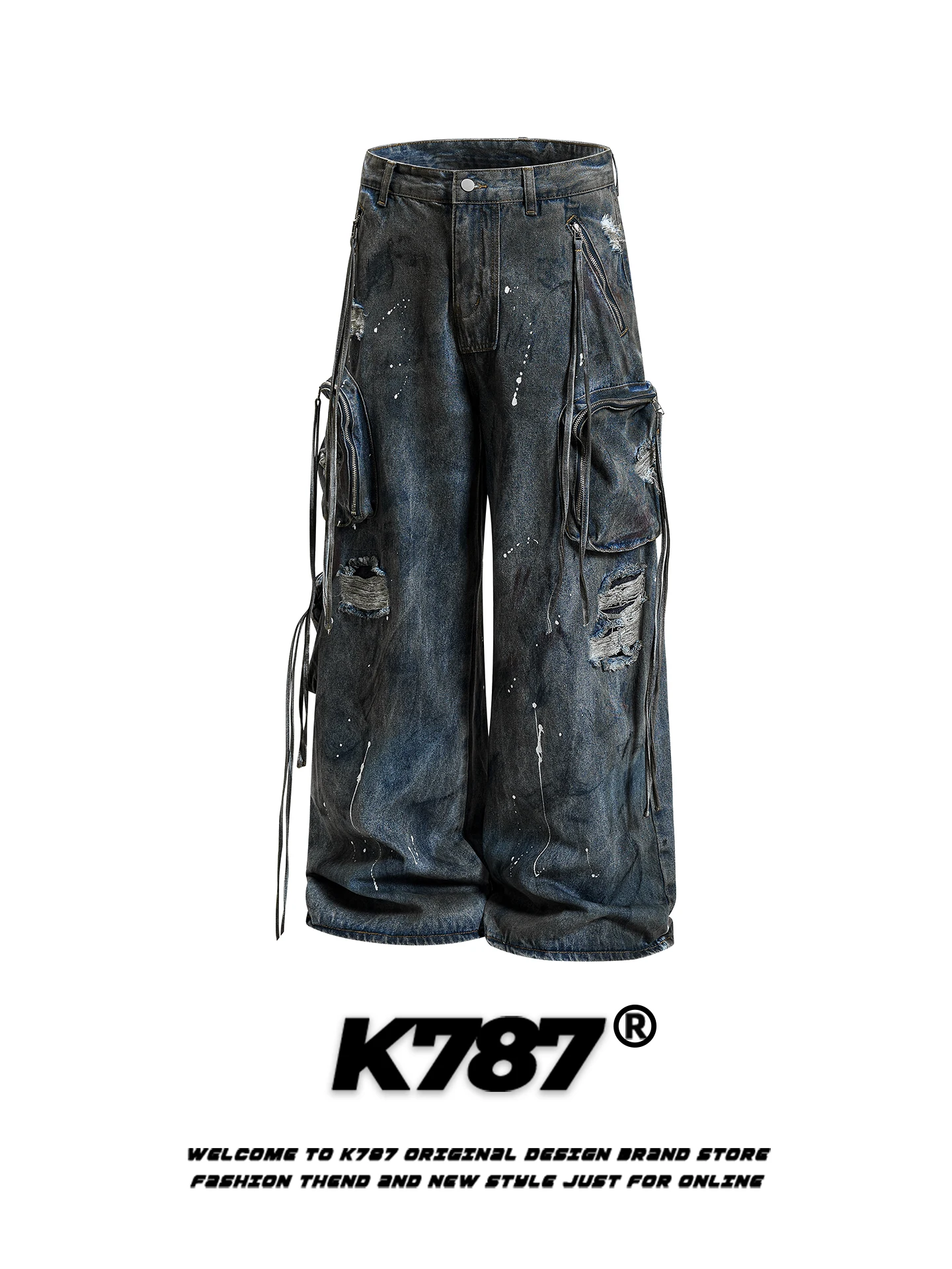 

K787 American Retro fiti Hole Wide Leg Jeans Women's High Waist Design Loose Casual Straight Leg Pants Cotton Polyester