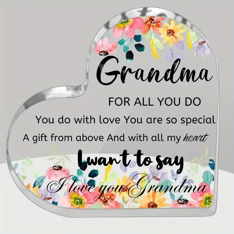 مسطح ثنائي الأبعاد، قطعة واحدة من لوحة الأكريليك على شكل قلب للجدة - تصميم الأزهار مع رسالة ملهمة، هدية عيد ميلاد مثالية