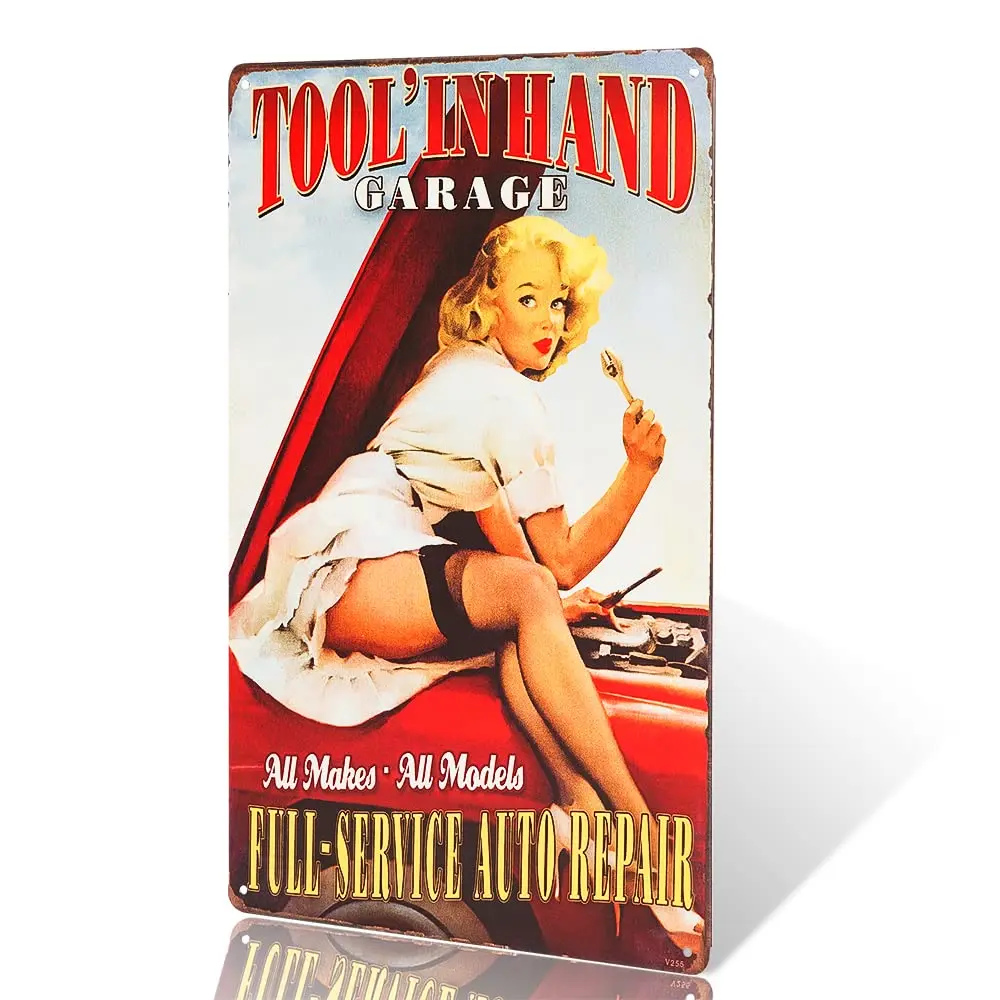 dingleiever-FULL SERVICE AUTO REPAIR Tool In Hand Garage pin up girls of garage or man cave sign