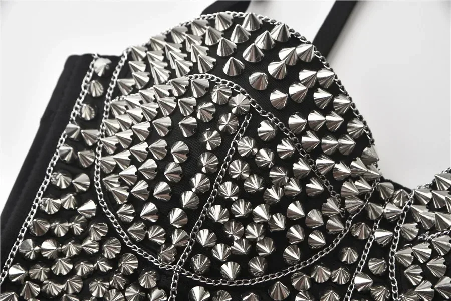 Punk Sexy Female Lingerie Silver Rivets Bralette Black Corset Women Active Bras Push Up Summer Hot Underwear Dance Clubwear