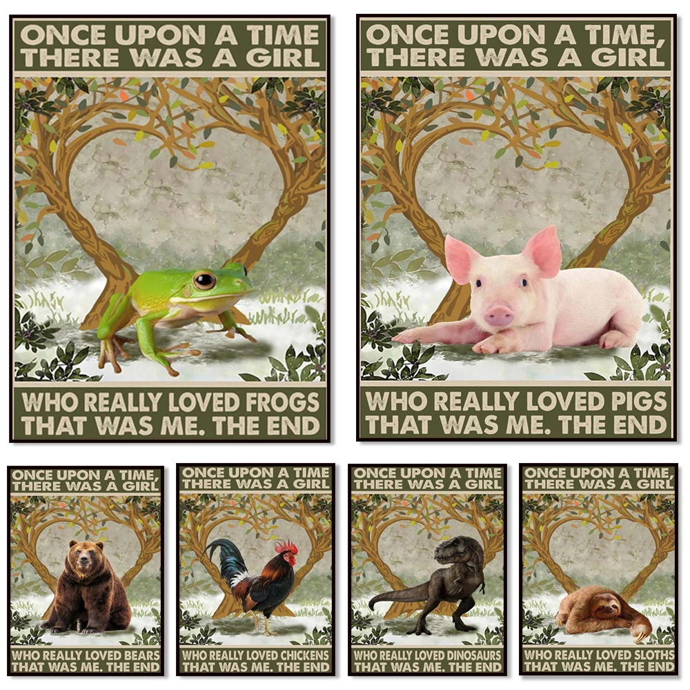Once upon a time there was a girl who loved frogs, foxes, pigs, bears, chickens, dinosaurs, sloths, animals vintage poster print