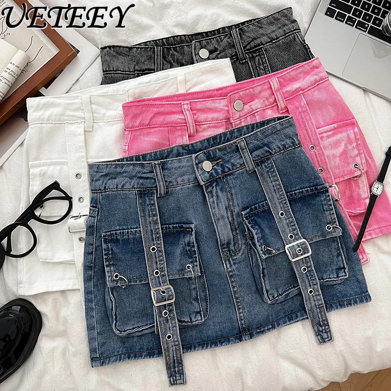 Retro Hot Girl Fashion High Waist Slimming Double Pocket Overalls Skirt Women Anti-Exposure Denim Skirts Hip Mini Skirt Street