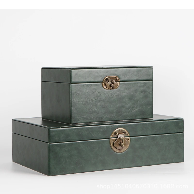 Chinese-style Retro Wooden Storage Box Rectangular Green Leather Jewelry Box Golden Lock Desktop Container Home Decoration