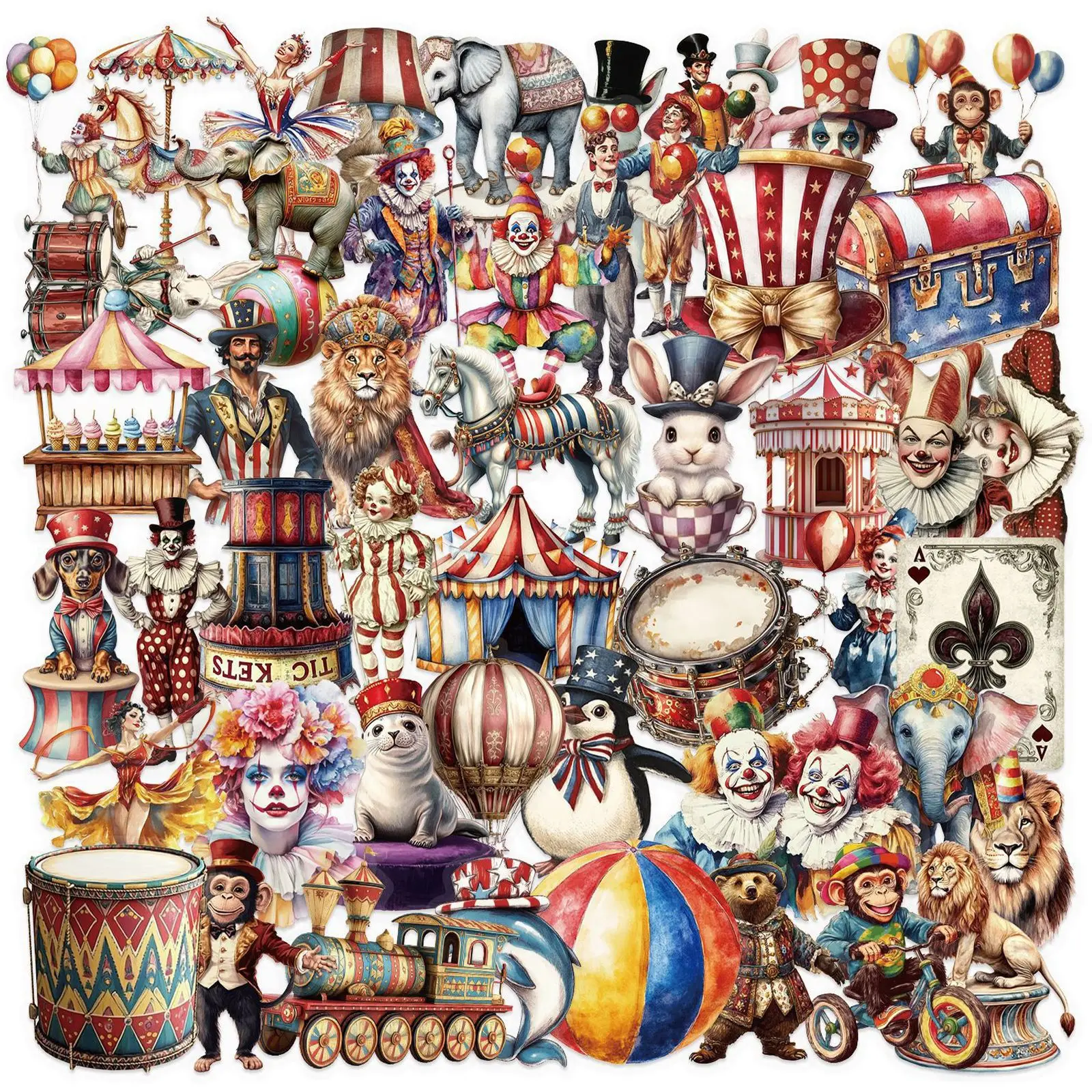 

10/30/50PCS Cartoon Circus Transparent PET Stickers Funny Party Decoration Graffiti Stickers Children's Toys DIY Refrigerator