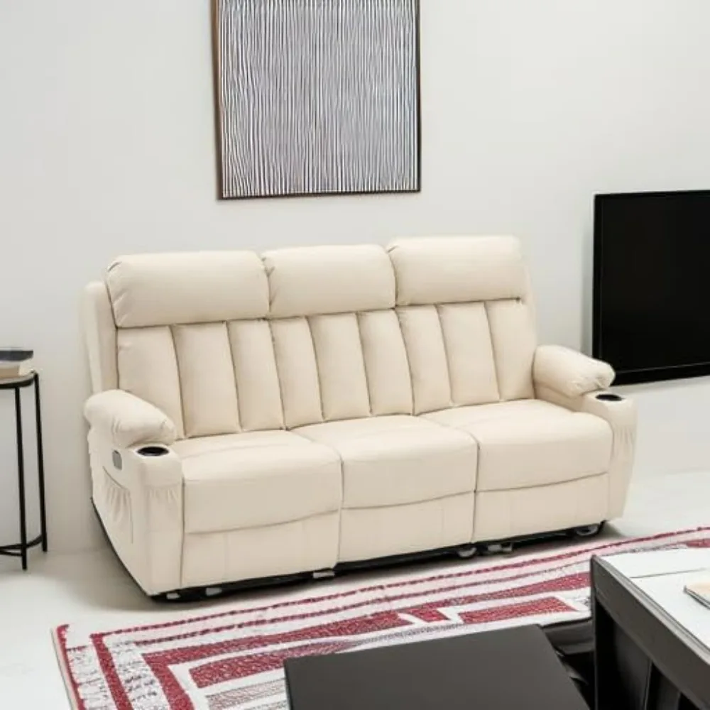 

Power Reclining Sofa with Heat and Vibration,USB Ports, Cup Holders,3-Seat Dual Recliner Sofa for Living Room 6077