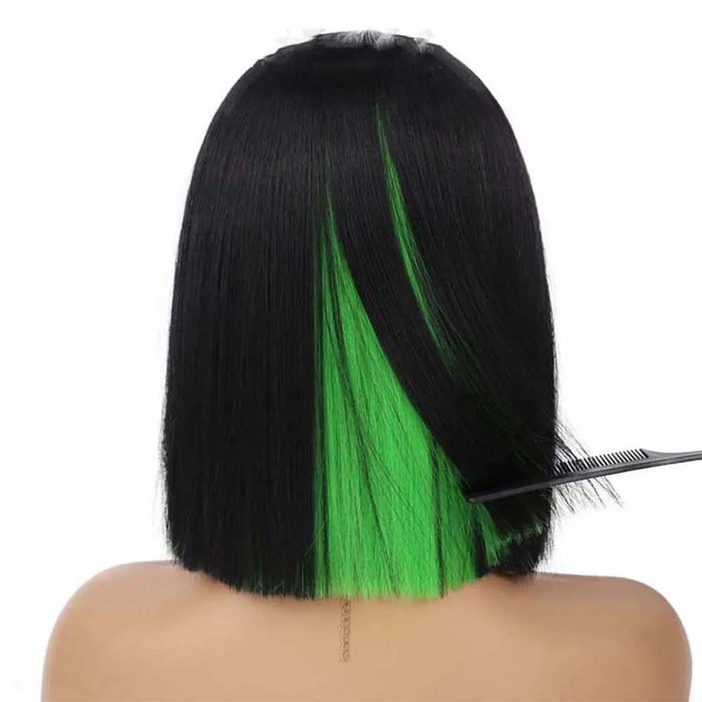 Synthetic Straight Hair Bob Wigs for Women Short Black Mixed Green Highlight Bob Wig Straight With Bangs Lolita Cosplay Wig