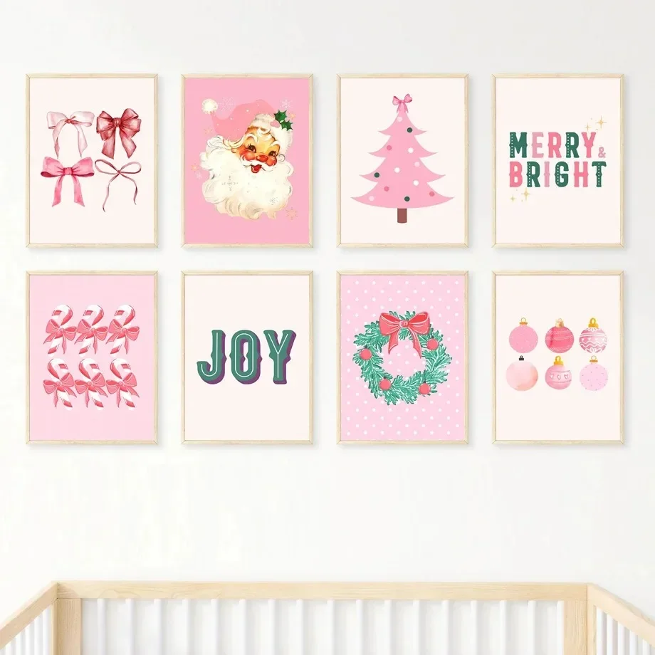 Pink Christmas Tree Santa Claus Merry Bright Joy Quotes Minimalist Wall  Print Canvas Painting Posters for Home Decor