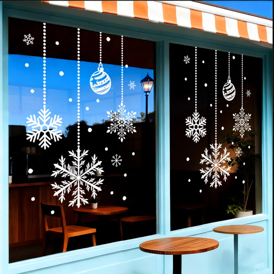1 Stück 45×60cm großer, hängender, weißer, elektrostatischer Weihnachts-Fensteraufkleber mit Schneeflockenmuster, Weihnachtskugel-Dekorationsaufkleber, klebstofffrei und wiederverwendbar, geeignet für
