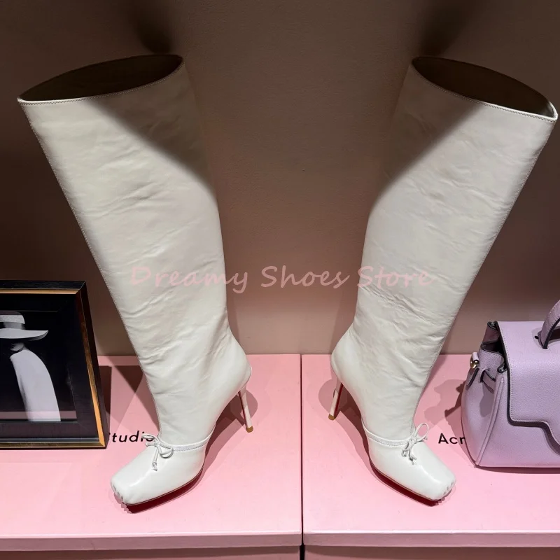 Black Bow Decor Square Toe Stiletto Knee High Boots Women White Leather Slip On Long Boots Fashion Luxury Party Dress Lady Shoe