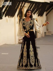 Abendkleider aus schwarzem Samt, elegantes A-Linie-Abschlussballkleid, Kaftan, Kaftan, goldene Spitzenapplikationen, individuelles Kleid Robe De Mariée