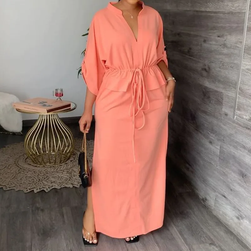 SKMY Solid Color Spring 2026 New Women Clothing Loose Casual Split Long Dresses V-Neck Drawstring High Waist Bat Sleeve Dress