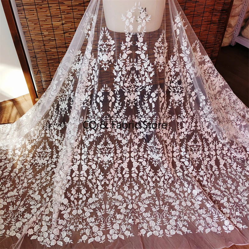 European and American Wedding Dress Lace Fabric Embroidered Leaves Mesh Net Fabric for DIY Dress Designer Fabric