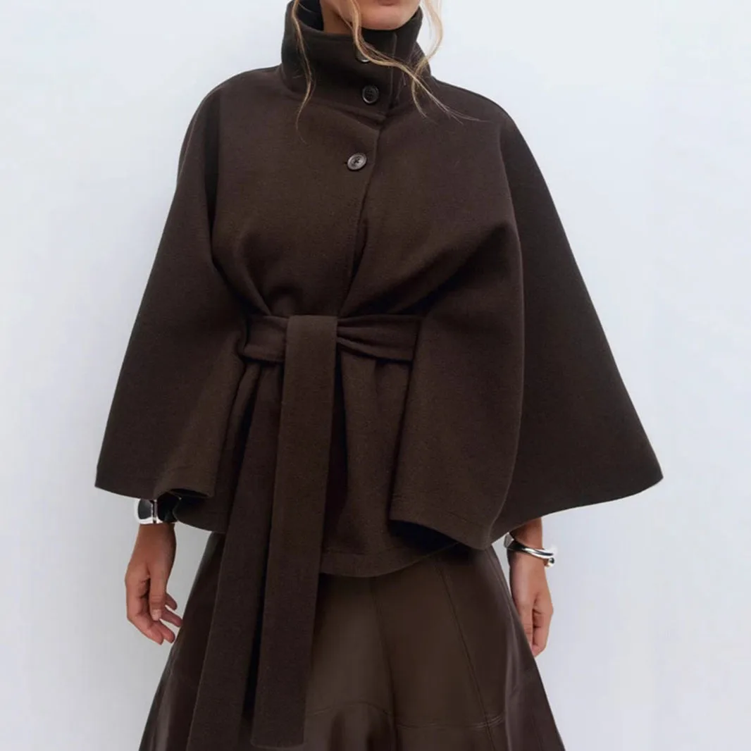 Damenjacken mit Schnürung und hohem Kragen, mit Gürtel, elegante Windjacke, aus Kunstwollmischgewebe, im Streetstyle, einfarbige Windjacke, Umhang. – Detail 7