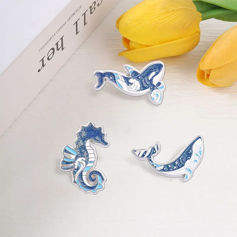 Animal Brooches Cartoon Blue Starlight Seahorse and Killer Whale Shaped Metal Badges Small Accessories Wholesale Brooch Cap Pin