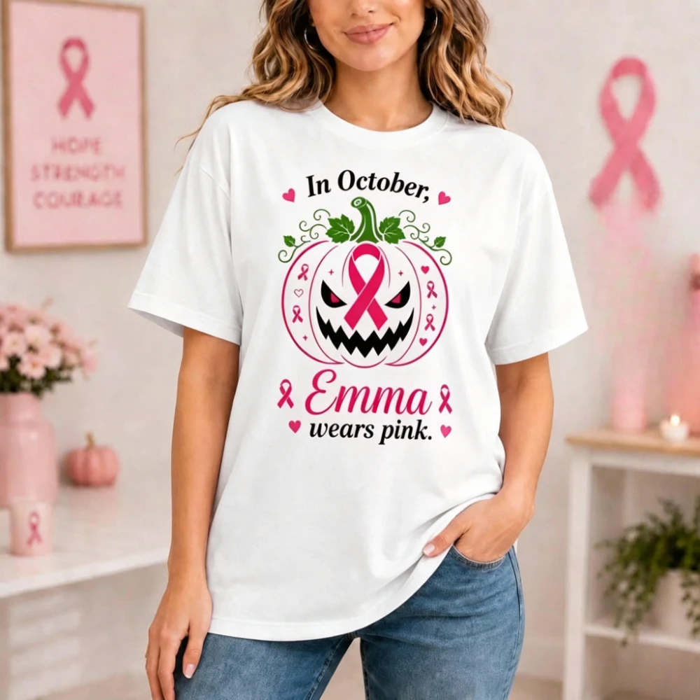 Personalized October wearing a pink breast cancer-themed short-sleeved printed casual T-shirt