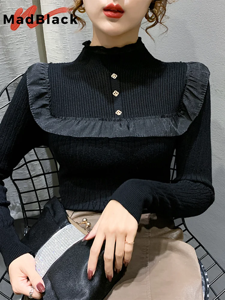 

MadBlack European Clothes Sweater Women Ruffled Turtleneck Slim Warm Knit Top Long Sleeve Pullovers Autumn Spring T38063JM