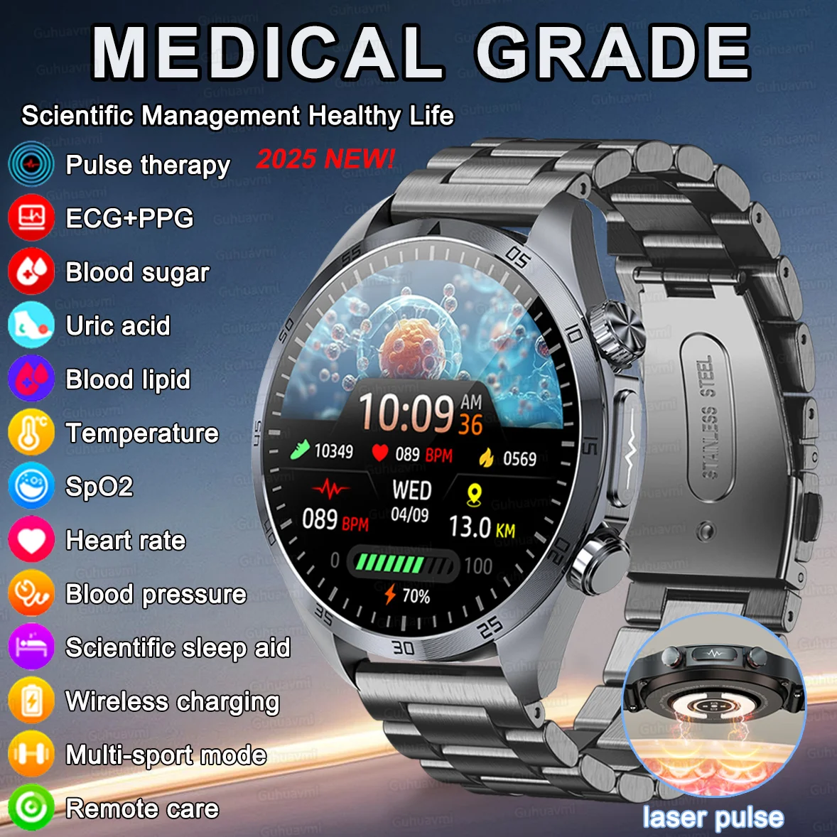 2026-blood-lipid-smart-watch-men-medical-grade-pulse-physiotherapy-ecg-ppg-ces-uric-acid-body-fat-bmi-health-monitor-smartwatch