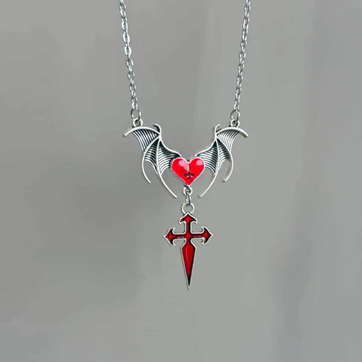 Cross Bat Necklace,Gothic Jewelry,Vampire Accessories,Witchcraft,Blood Cross,Pagan,Punk,Vintage,Bat Wings Heart,Choker For Women