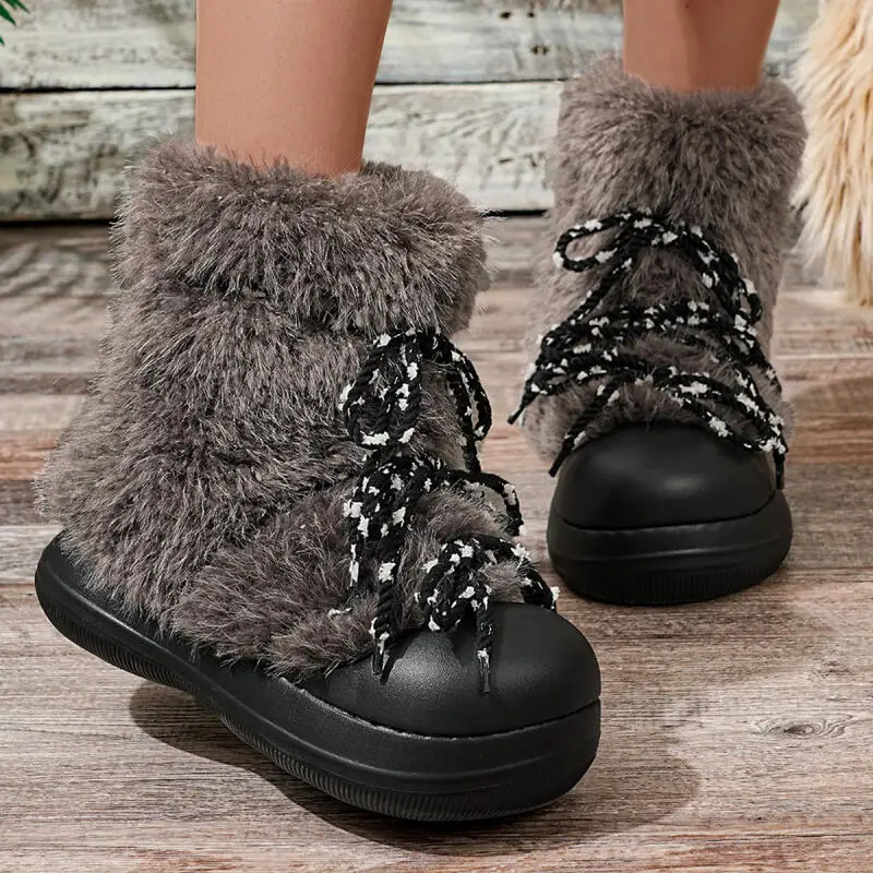 Chunky Platform Luxury Fluffy Fur Ankle Boots Women 2025 Winter Soft Thick Bottom Furry Snow Boots Warm Plush Lace Up Y2K Shoes