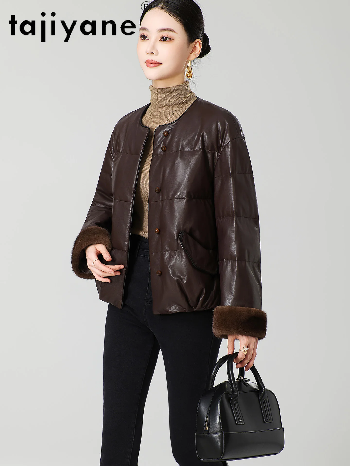 TAJIYANE 100% جلد الغنم بطة أسفل معطف امرأة فرو المنك الكفة ملابس خارجية أنيقة قصيرة سترة جلدية حقيقية الملابس الشتوية 2025 가dech자켓 #3