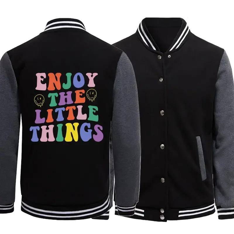 Enjoy The Little Things Happy Face Prints Jacket Autumn Street Men Baseball Suit Spliced Comfortable Coats Warm Neutral Clothing