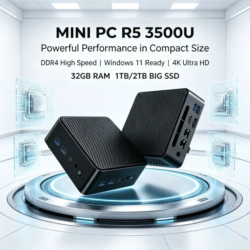 Popular LENO Compact Mini Desktop AMD R5 3500U 32GB DDR4 RAM 2TB M.2 SSD Win11 4K HDMI DP Portable PC For Daily Office Home