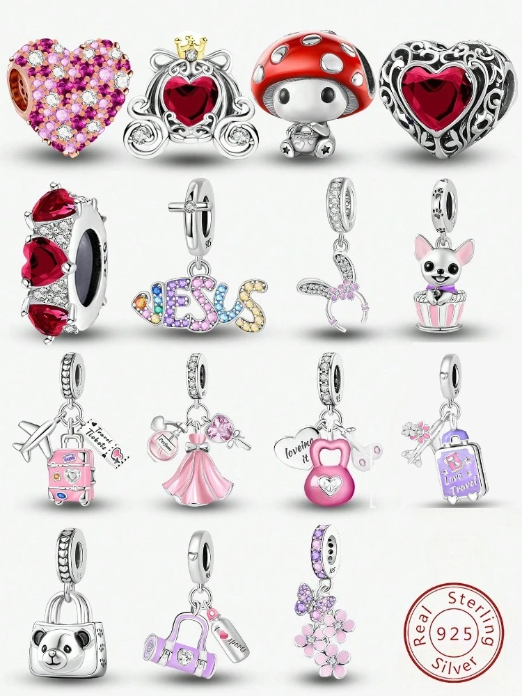 925 Sterling Silber Exquisite Rosa Rock-Koffer-Anhänger Perle DIY Armbänder Armreifen Modischer Hochwertiger Edel-Schmuck