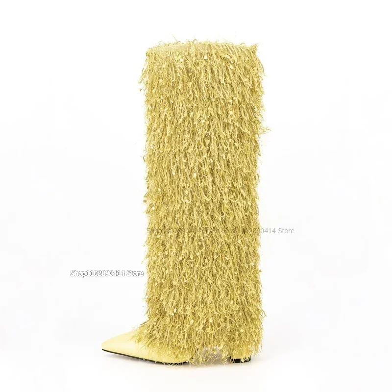 

Gray Fur Tassels Decor Pointed Toe Boots Over The Knee Women Shoes Chunky High Heels Novel Fashion Sexy 2026 Zapatos Para Mujere
