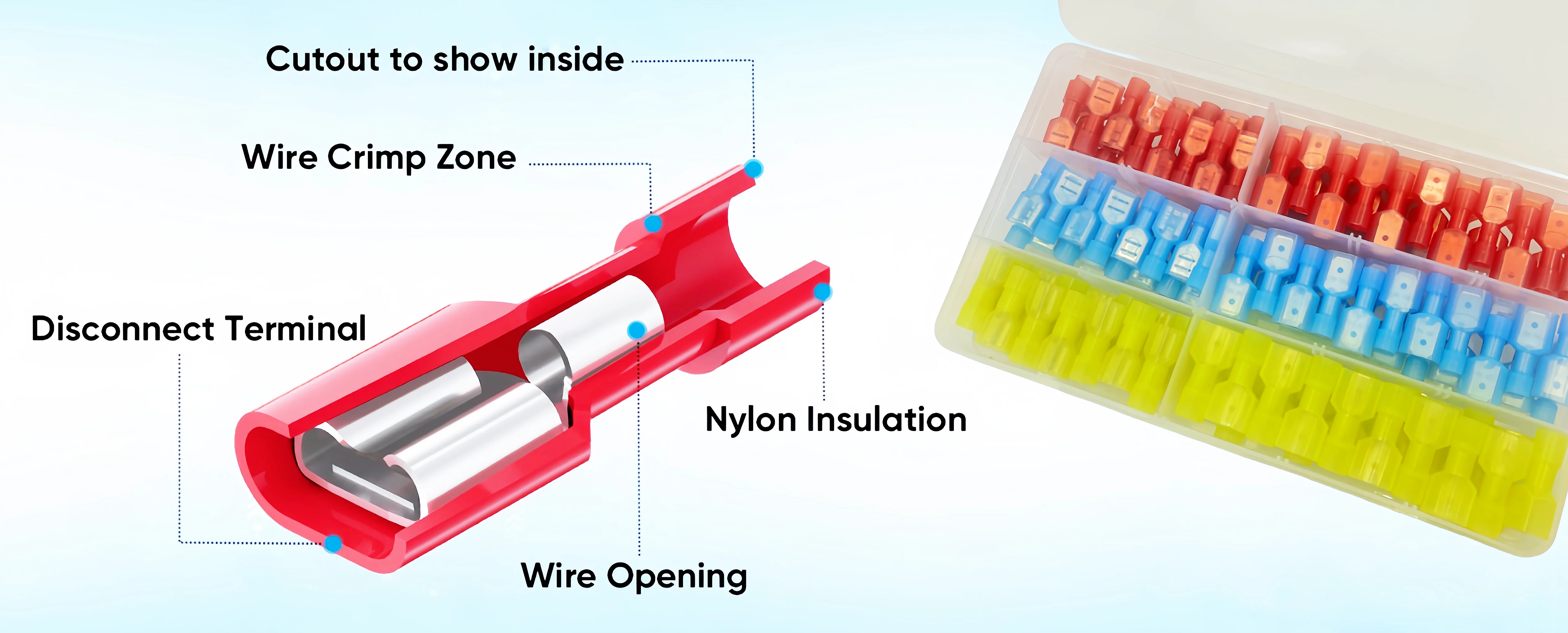 Nylon-Flachsteckverbinder, vollständig isolierte elektrische Crimpklemmen, Schnellanschluss für Lautsprecher, Auto-Stereoanlagen, Kfz- und Bootverkabelung – Detail 3