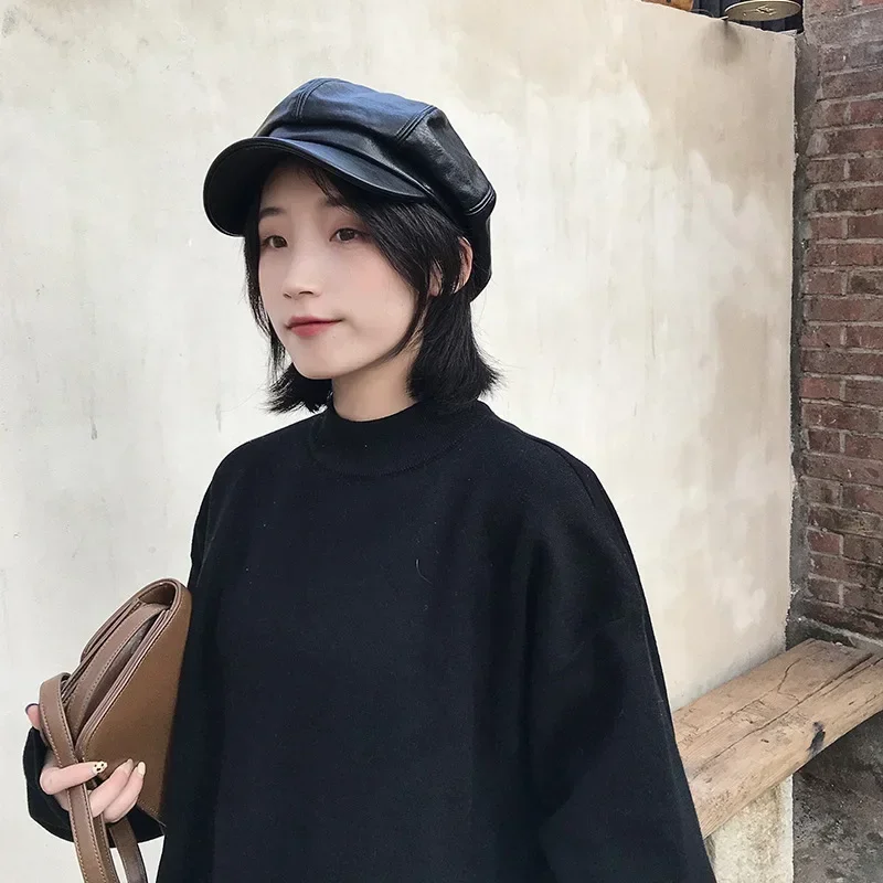 Fashion Leather Newsboy Cap Quality Artist PU Leather Female Korean Octagonal Cap Spring Winter Casual Beret Women Flat Hat