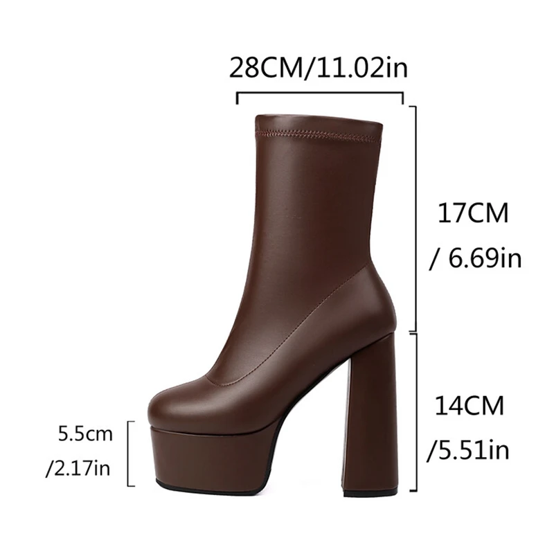 

SIMLOVEYO 14cm Heel 5.5cm Platform Mortorcycle Boots Midcalf Autumn Elastic Stretchy Big Size 45 46 47 48 US17
