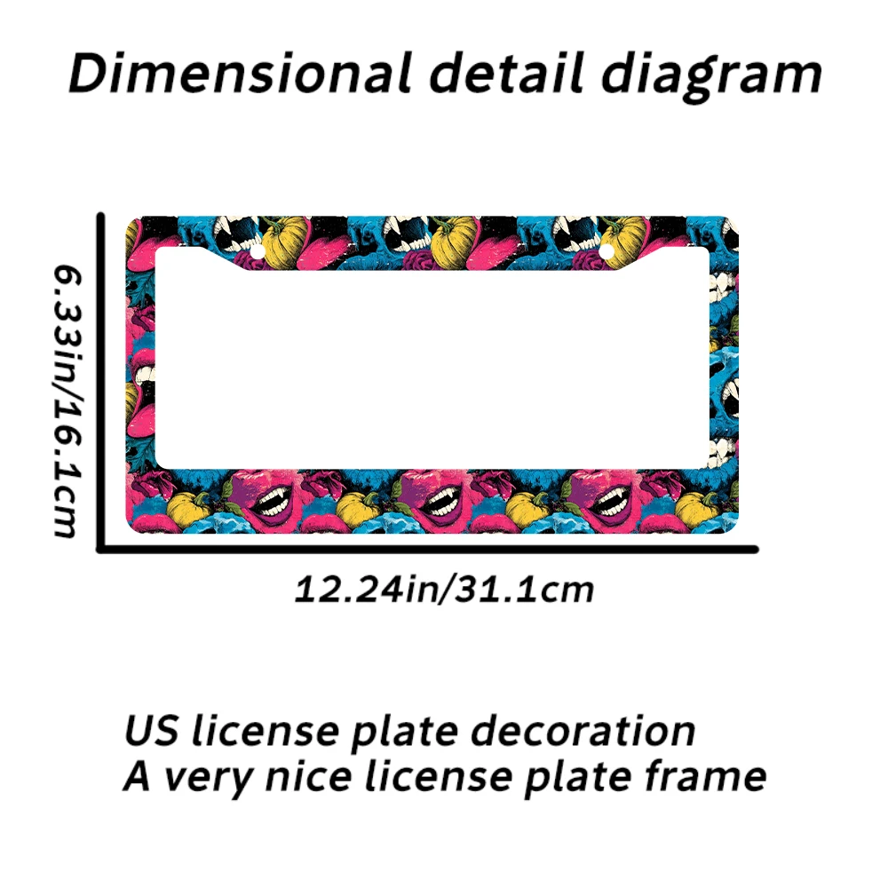 1 قطعة الجمجمة الملونة والورد نمط 2 حفرة إطار لوحة الترخيص ، مادة الألومنيوم ، 6x12 بوصة ، مع طقم مسامير ريترو الجدة C