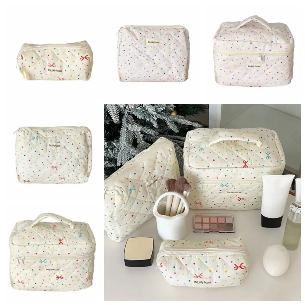 Bowknot Cotton Quilted Makeup Bag Point Canvas Toiletry Cosmetic Pouch Multifunction Large Capacity Stationery Storage Bag Girl