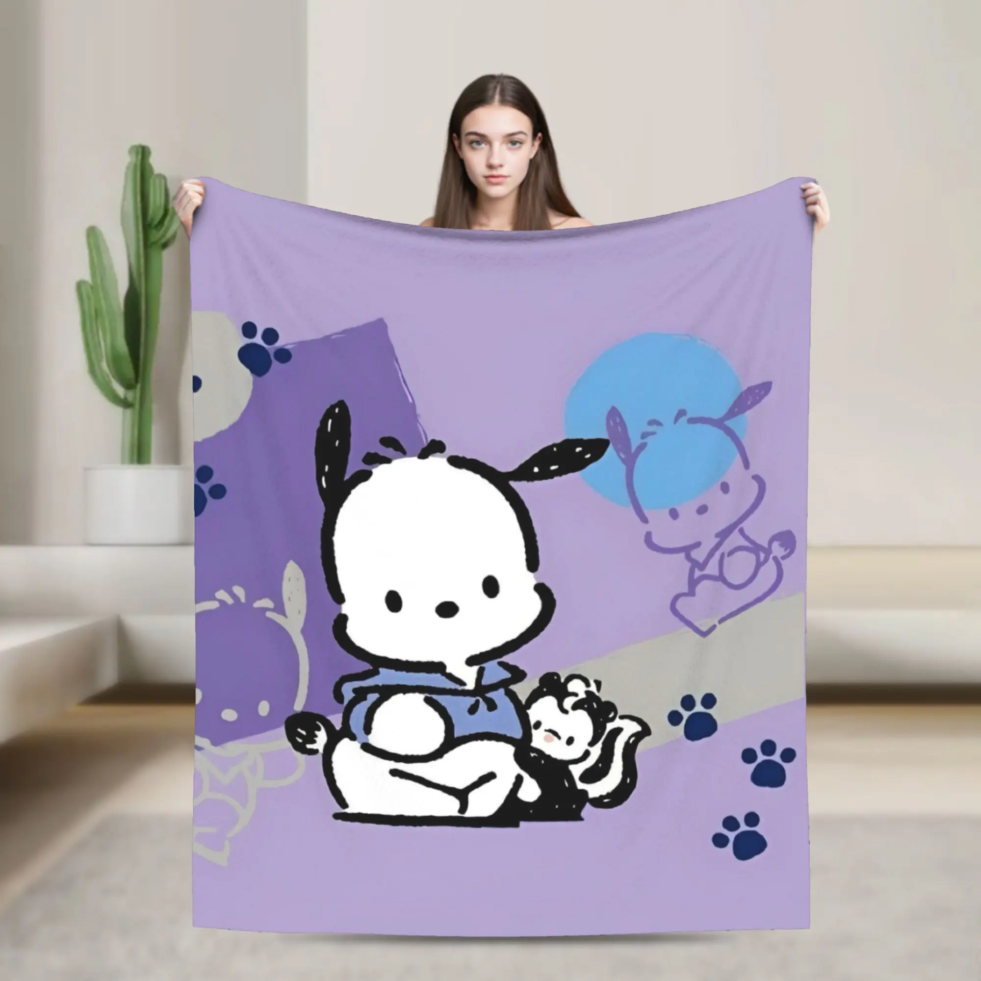 

Pochacco Footprints Blanket Plush Vintage Warm Throw Blankets for Coverlet Textile Decor,