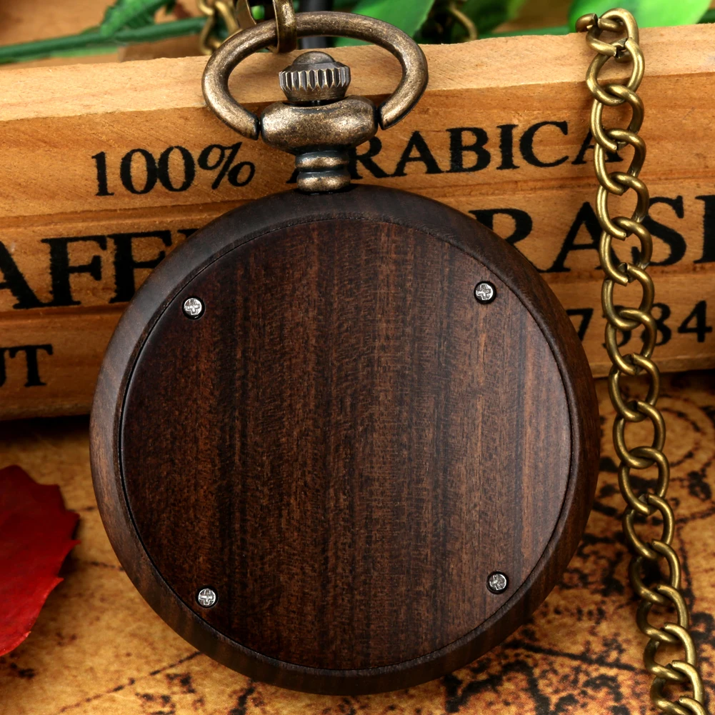 Black Ebony Wood Watch Men Vintage Handicrafts Embossed Leaves Surrounding Design Quartz Pocket Fob Clock with 38cm Hook Chain