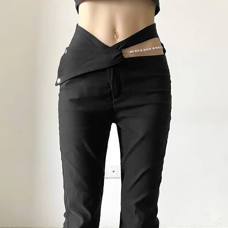 BKLD 2025 Spring Summer New Fashion Streetwear Women Clothing High Waist Trousers Slimming Pearl Chain Casual Pants Black