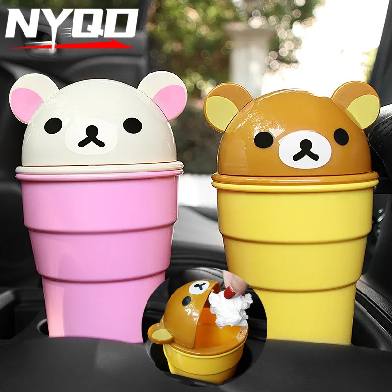 Cute Cartoon Car Trash Cans Car Storage Debris Barrels Garbage Dust Holder Rubbish Cases Bin Auto Waste Organizer Bear Style